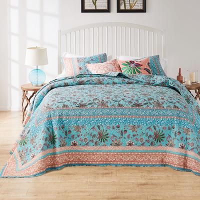 Audrey Reversible Cotton-Rich Bedspread Set by Greenland Home Fashions in Turquoise (Size KING)