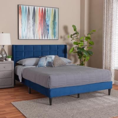 Baxton Studio Payne Modern Glam Grey Velvet and Dark Brown Wood Queen Bed by Baxton Studio in Navy Blue (Size ONE SIZE)