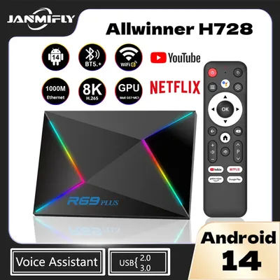 R69 Plus Smart TV Box Android 14 Allwinner H728 Chip WIFI 6 Support 8K BT5.+ YouTube Bluetooth Voice Google Multifunction