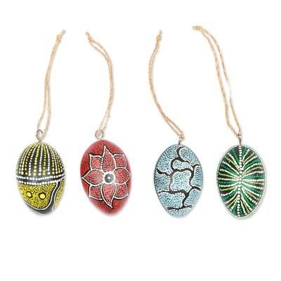 'Set of 4 Oval Wood Ornaments Hand-Carved and Painted in Bali'