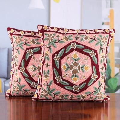 Woven Whispers,'Pink and Burgundy Embroidered Cotton Cushion Cover Pair'