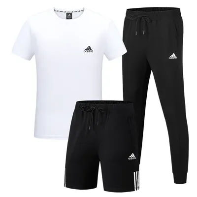 Adidas Sports Suit Men Short-Sleeved T-shirt Long Pants and Short Pants Solid Color Embroidered Logo Three-piece Suit Black