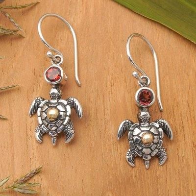 '18k Gold-Accented Garnet Silver Sea Turtle Dangle Earrings'