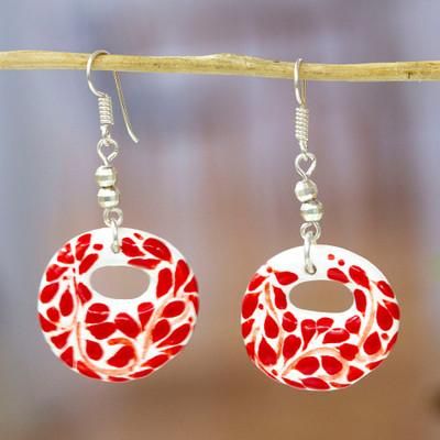 Leafy Love,'Handmade Romantic Red Ceramic Dangle Earrings from Mexico'