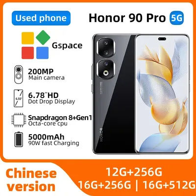 Honor 90 Pro 5G Smartphone Android CPIU Snapdragon 8+ Gen 1 6.78 Inch 120Hz Screen 200MP Camera 5000mAh Battery NFC Used Phone