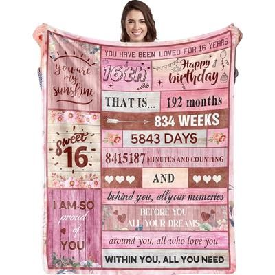 TEMU 1pc 16th Birthday Gift Blanket For Daughter Or Granddaughter - Vintage Floral Print Soft Flannel Throw, 250-300gsm Machine Washable Keepsake With Messages, Blanket