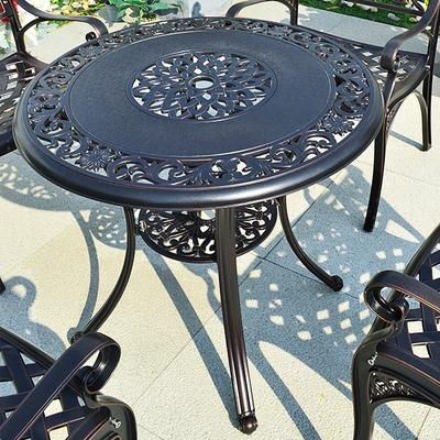 TEMU 1pc Cast Aluminum 80cm Round Dining Table Floral Hollow Out Top Bistro Tables With Umbrella Hole Furniture Black