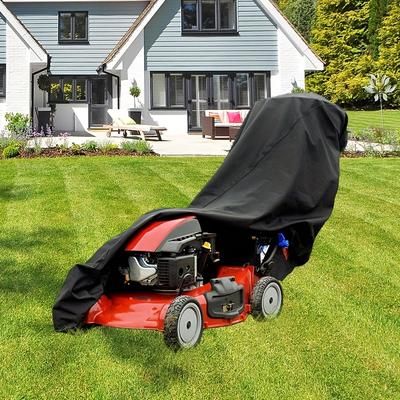 TEMU Heavy Duty Uv-resistant Lawn Mower Cover - 600d Polyester, Adjustable Drawstring & Storage Bag, For Yard Equipment, Black, Durable Fabric, Fits Most Lawn Mowers