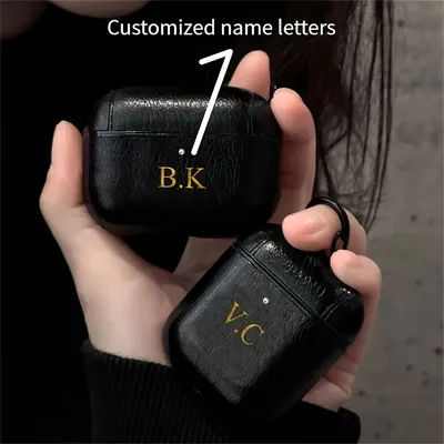 Étui Airpods 1 2 3 4 Pro 2, lettres initiales personnalisées, motif de peau de litchi de luxe avec porte-clés, DIY bricolage