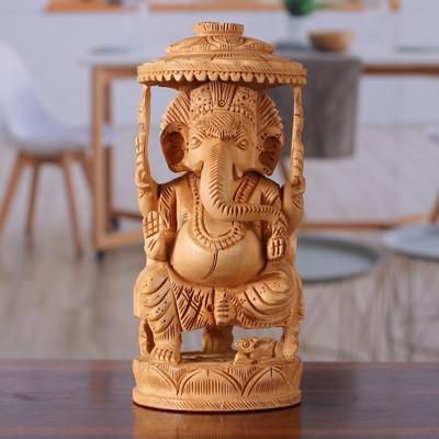 'Traditional Hand-Carved Kadam Wood Ganesha Sculpture'