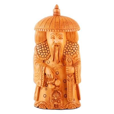 'Hand-Carved Kadam Wood Master of Protection Sculpture'