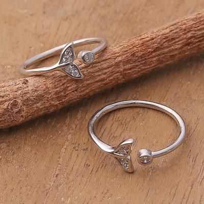 Tail Twinkle,'2 Fish Tail-Themed Cubic Zirconia Silver Wrap Toe Rings'
