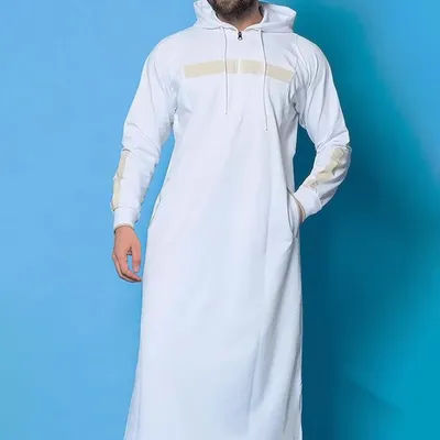 Mens Tops Muslim Middle Eastern Islamic Arabic Clothing Loose Striped Long Sleeve Drawstring Pockets Full Length Hooded Robe