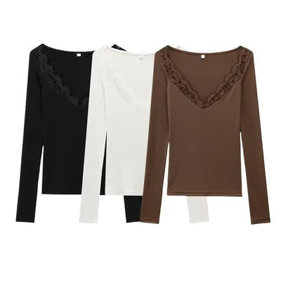 Stylish Women's Long Sleeve Tops V Neck with Delicate Lace Detailing in Black White Brown for Charming Look