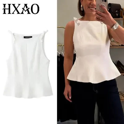 HXAO sans manches culture hauts pour femme été papillon blanc noir haut femmes décontracté plissé débardeurs ajusté élégant femme haut 088