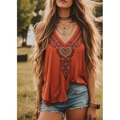 Per donna Blusa Stampato Floreale Grafico Paisley Bohemien Vintage Tropicale Senza Maniche Spallina Top Regolari Quotidiano Ferie Abbigliamento mare Arancione Estate Primavera
