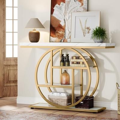 TEMU 4 Story Foyer Table, Entrance Table With Circular Base, Narrow Wooden Decorative Table With Storage Rack, Suitable For Modern Small Storage Tables In Living Rooms, Corridors, And Lobbies