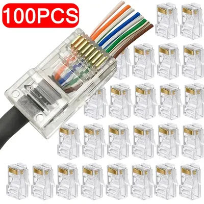 100pcs/lot RJ45 CAT6 CAT5e Pass Through Connectors Crystal End Gold-Plated 8P8C Crimp UTP Standard Ethernet Network Modular Plug