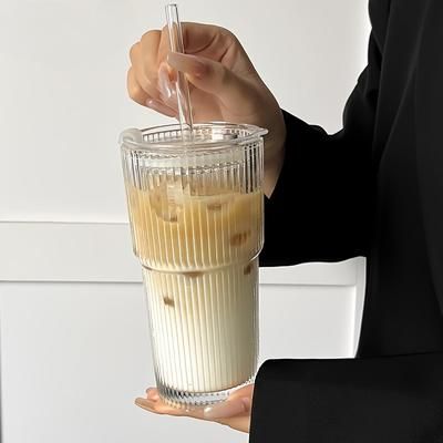 TEMU Stylish Striped Glass With Straw And Lid - High-value Glass Holds . 550-600ml Of Water, Coffee, Tea, Iced Milk Americano And Lattes, A Long- Beverage Glass!