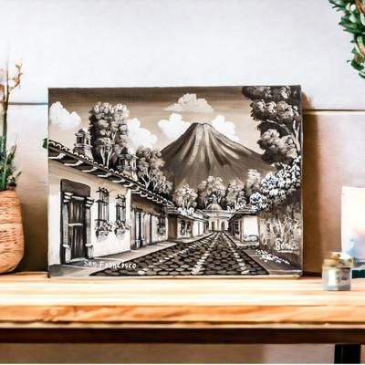 San Francisco Street IV,'Grey White Black Oil Painting of Street in Antigua Guatemala'