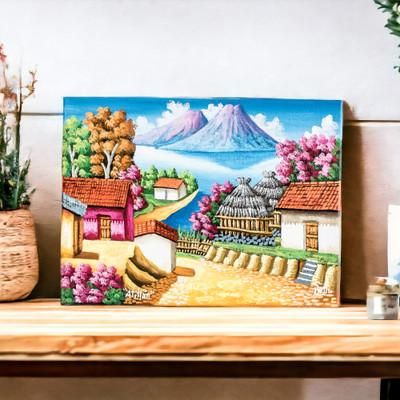 Morning in Atitlan,'Colorful Guatemalan Oil on Canvas Painting of Lake Atitlan'