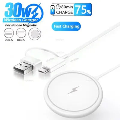 30W 2 in 1 Magnetic Wireless Charger Pad For Magsafe iPhone 16 15 14 13 12 Pro Max USB A Type C PD Magnet Fast Charging Station