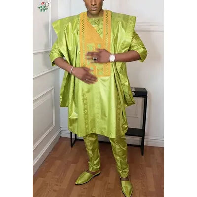 H & D vêtements africains pour hommes traditionnel Bazin Riche broderie Design haut à manches longues vert 3 pièces ensemble musulman Abayas Thobe 2026