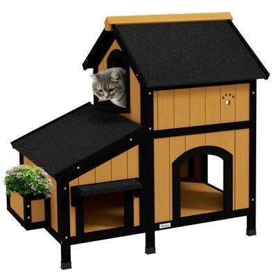 TEMU Pawhut Wooden Outdoor Cat House W/ Flower Pot, Windows, Multiple Entrances