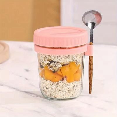 TEMU 1pc Glass Oatmeal Cup With Spoon, Portable Milkshake Yogurt Cup, Salad Mason Jar For Convenience