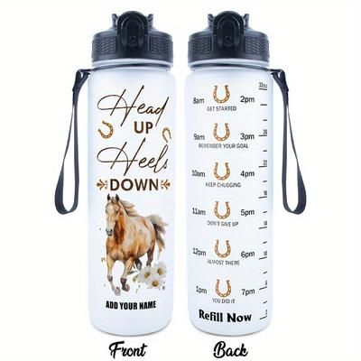 "TEMU 32oz Hsdiokl Horse Daisy Water Bottle - " Heels Down" Design With Custom Name Feature, Leak-proof, Ideal For & Gift, Horse Lover Gifts"