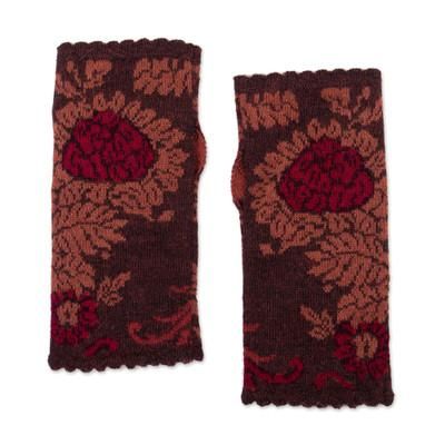 Autumn Sun,'Knit Baby Alpaca Fingerless Mittens with Floral Leaf Designs'