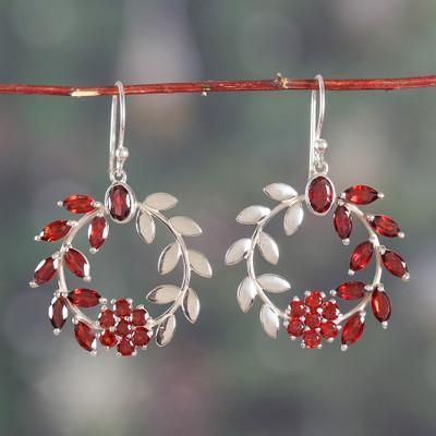 Captivating Garden,'Garnet Silver Statement Earrings with Floral and Leaf Motif'