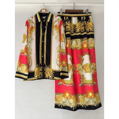 Spring 2025 women's wear retro positioning: A two-piece geometric printed straight shirt set + loose wide-leg pants fashion suit