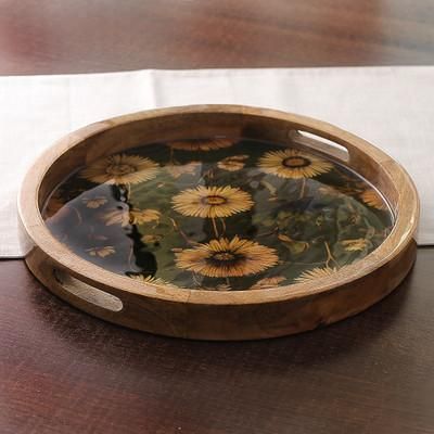 'Sunflower-Themed Resin-Coated Mango Wood Tray from India'