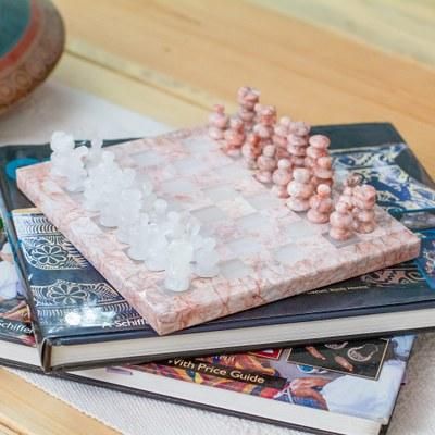 'Hand-Carved White Onyx and Pink Marble Chess Set from Mexico'
