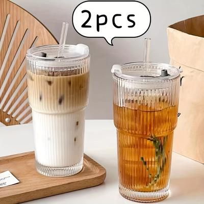 TEMU 1pc/2pcs Striped Glass With Lid And Straw - Suitable For Coffee, Milk Tea, Oats, Etc., Reusable 20.29oz Hand Washing Cup For Cold Drinks, Juice, Water - Recyclable Glassware, Ideal For Gifts