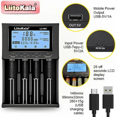 LiitoKala Lii-M4S M4 18650 LCD Multifunctional Battery Charger For 3.7V 1.2V 26650 21700 14500 18350 17500 AA AAA A C And Other
