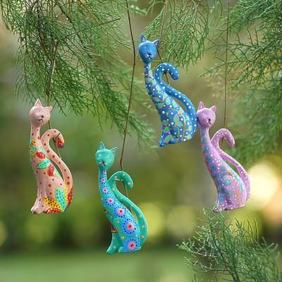 'Set of 4 Hand-Painted Floral Albesia Wood Cat Ornaments'