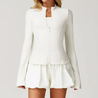 Women Sport Jacket Zipper Yoga Coat Quick Dry Fitness Push Up Crop Top Running Thumb Hole Sportwear Gym Top Workout Clothes