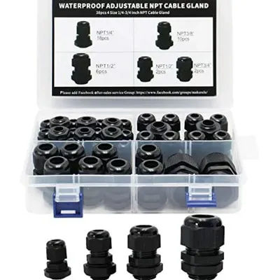 38pcs Cable Glands Joint Kit Waterproof Adjustable Nylon 1/4” 3/8” 1/2” 3/4” Strain Relief Cord Connectors Black With Gaskets