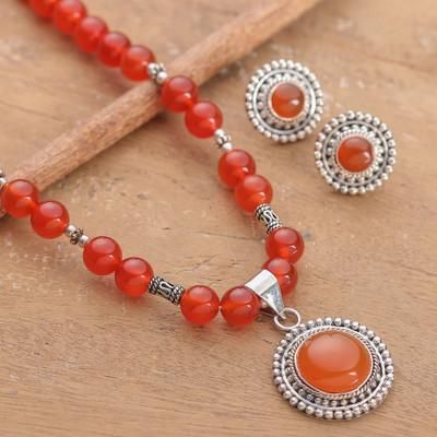 Fiery Sun,'Sun-Themed Carnelian Gem Necklace and Earrings Jewelry Set'