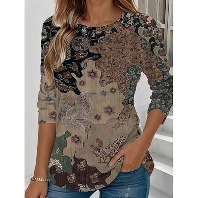 Maglietta da donna a manica lunga con scollatura rotonda a manica lunga tunica floreale grafica piante vintage stilosa classica scollatura rotonda top regolari da giorno stampa gialla verde chiaro