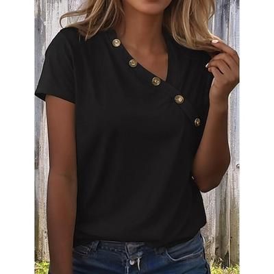 Per donna Maglietta Semplice Vintage Elegante Classico Manica Corta Scollo a V Top Regolari Quotidiano Bottoni Stampato Nero Bianco Rosa Rosso Blu Reale Estate Primavera