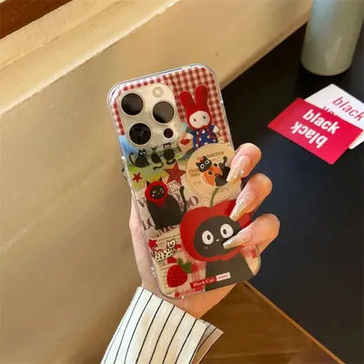 Red Apple Hat Black Cat Strawberry Fashion Retro Phone Case For iPhone 16 15 14 13 12 Pro Max Case