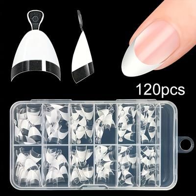 TEMU 120pcs French Style Almond Shaped Short Nails, Transparent Glossy Finish, Nail Tips Set, Ultra-thin Nail Art For Manicure