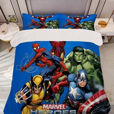 TEMU Captain America 3pcs Cartoon Bedding Set Super Soft Comfortable Breathable Duvet Cover, Multi Size For Bedroom Decor (1*duvet Cover + 2*pillowcases, Without Core) Gift