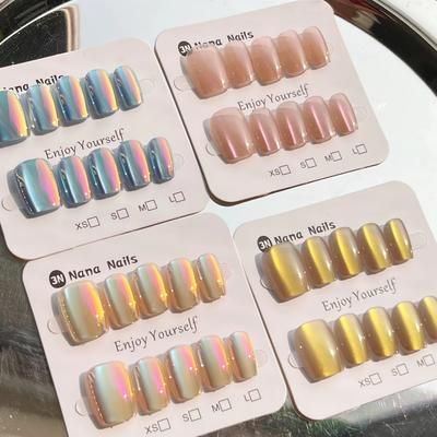 TEMU 40pcs Electroplated Cat Eye - 4pcs Set Of High-end Light Color Porcelain White Fake Nails For Daily S