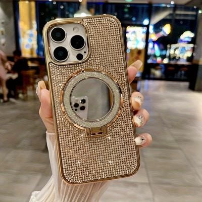 TEMU Shiny 3d Patterned Mirror Stand Phone Case For Iphone 11 12 13 Pro , Fully Wrapped Soft Shell For Drop Protection.