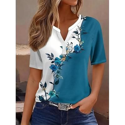 Per donna Maglietta Stampato Ombre Floreale Grafico Vintage Elegante Classico Manica Corta Collo a V Top Regolari Quotidiano Weekend Blu Bianco Verde Estate Primavera