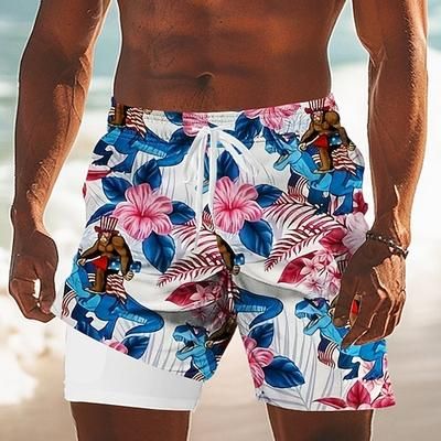 Giornata dell'indipendenza Per uomo Bandiera degli Stati Uniti Patriottico Piante Tropicali Pantaloncini foderati Pantaloncini da bagno 2 in 1 Costumi da bagno Misura del girovita medio Ferie Tasche